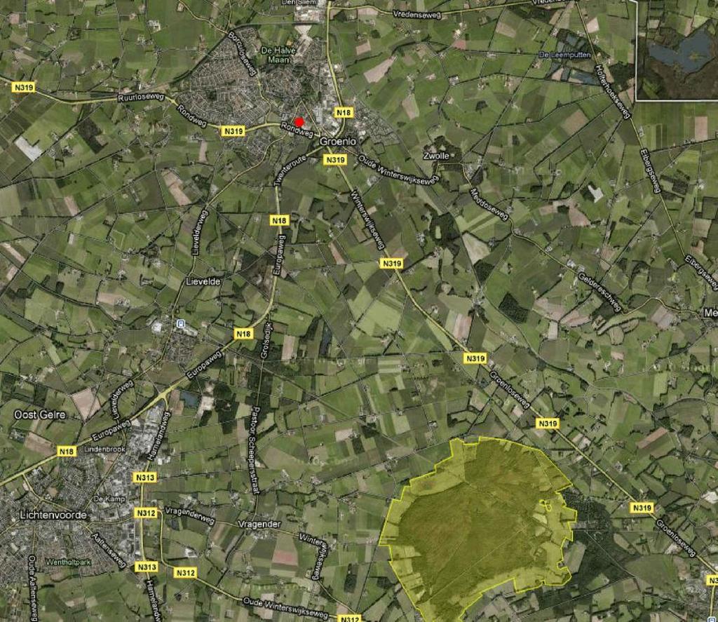 Figuur 3. Ligging van het plangebied (rode stip) ten opzichte van Natura 2000 gebied Korenburgerveen (geel weergegeven). 4.