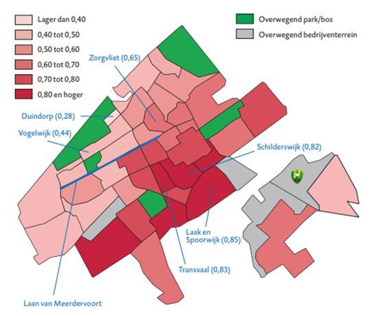 De HHI-index van wijken in Den Haag, 1 januari 2014 23 In het figuur hierboven staat het HHI-index van Den Haag afgebeeld op wijkniveau.