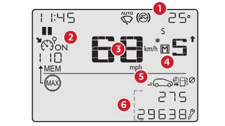 Weergavegebied: waarschuwingsmeldingen of meldingen over de status van functies, boordcomputer, digitale snelheidsmeter (km/h of mph), actieradius met de AdBlue van het SCR-systeem (km of mijl) enz.