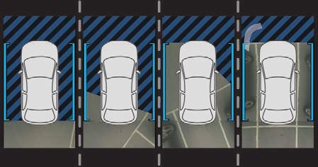 Rijden Vanaf de bovenkant van uw auto wordt er, in realtime en terwijl de manoeuvre wordt uitgevoerd, een beeld van de directe omgeving gereconstrueerd (weergegeven tussen de blauwe haakjes).