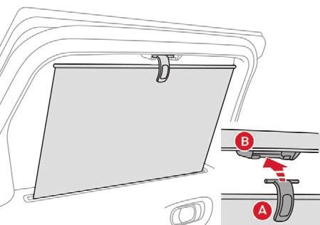 Voorzieningen achter Tassen, rugleuning F Trek het zonnescherm aan de lip A uit en bevestig het scherm aan de haak B. Beweeg het zonnescherm altijd voorzichtig met de lip omhoog of omlaag.