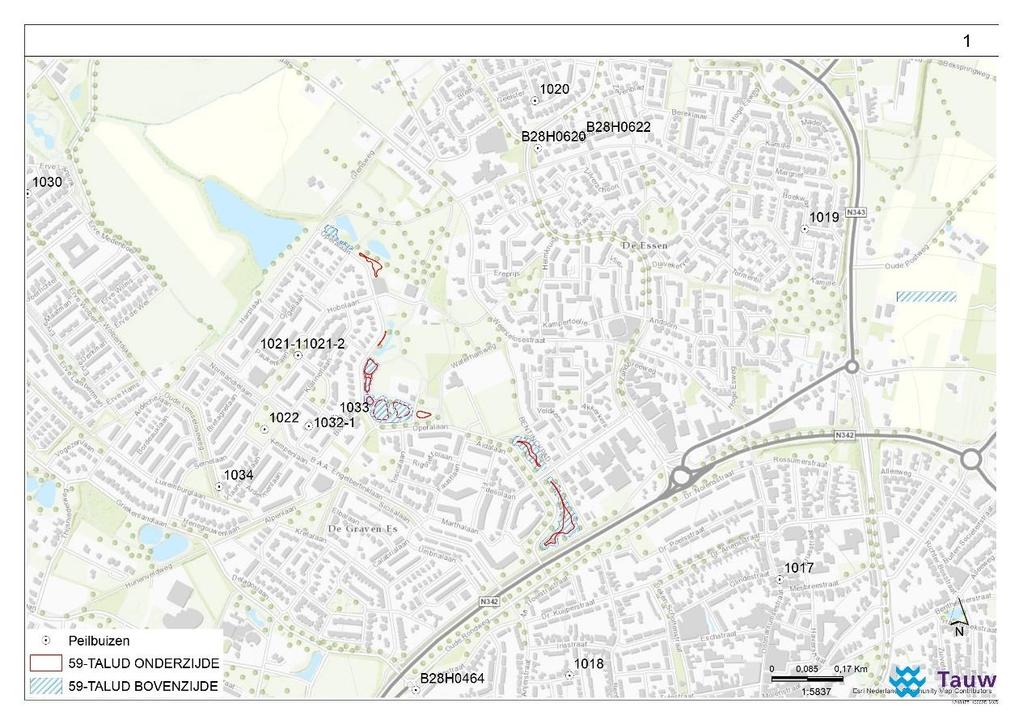 Figuur 3.3 Ligging van het plangebied en peilbuislocaties Een voorbeeld van een meetreeks en de bijbehorende fluctuatie is opgenomen in figuur 3.4. Figuur 3.