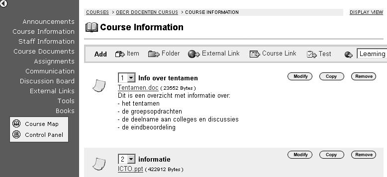 2.2 Direct-edit in de cursusinhoud U past bestaande cursusinhoud in de content areas Course Information, Staff Information, Course Documents, Assignments en External Links direct