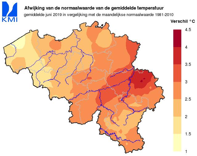 3. Klimatologisch overzicht voor België, juni 219 Geografische verdeling van