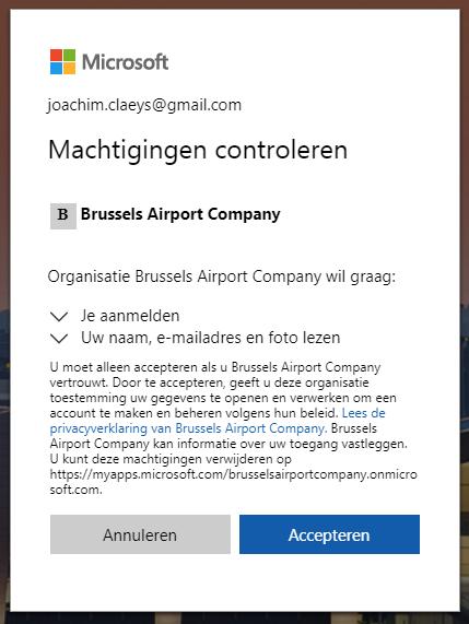 STAP 2 Kiezen tussen authenticatie-app, sms of telefoonoproep. Vervolgens kan je de machtigingen, en, indien gewenst, de Brussels Airport Company Privacy-verklaring nalezen.