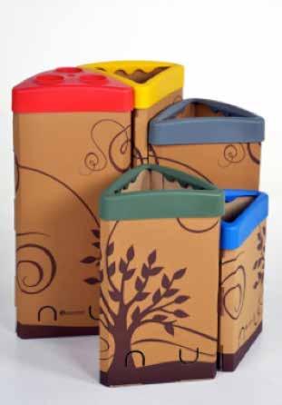 Er is een oranje bak voor pmd-afval, een blauwe voor papier en karton, een groene voor gft-afval en een grijze voor restafval. De stickers zijn water en uv-bestendig.