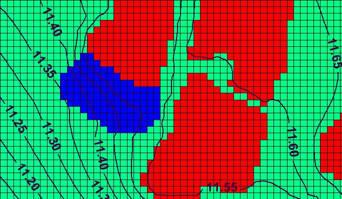 Grondwaterstroming in modellaag 6 onder het omputgebied.