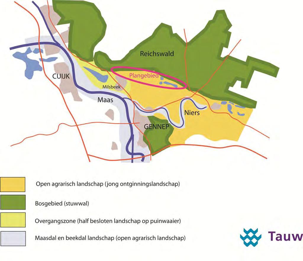 Het dal van de Maas is een open agrarisch gebied waarlangs, op hoger gelegen grond, verschillende grotere bewoningskernen liggen zoals Gennep en Milsbeek.