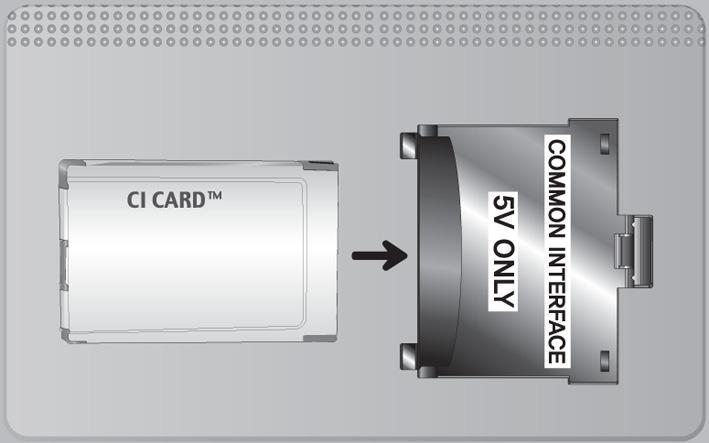 De CI-kaart of CI+-kaart aansluiten Sluit de CI-kaart of CI+-kaart aan op de COMMON INTERFACE-sleuf, zoals in onderstaande afbeelding aangegeven.