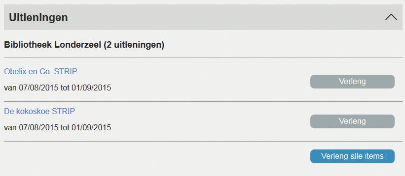 3 Onder Uitleningen krijg je een overzicht van de uitgeleende materialen. Klik op Verleng bij de titel waarvan je de uitleentermijn wil hernieuwen.