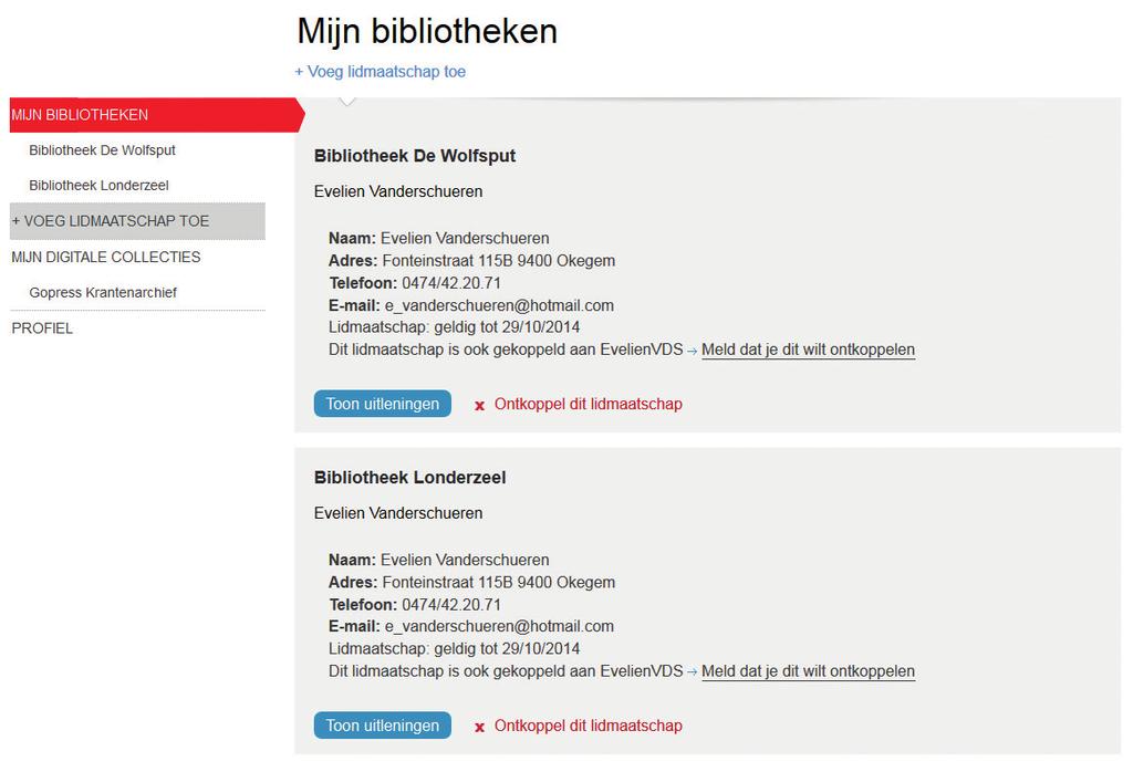 Let op: je lidmaatschap bij de bibliotheek blijft wel gelden. Hier zie je de gegevens van je gebruikersprofiel in Mijn bibliotheek. Je kan deze hier bewerken of je paswoord wijzigen.