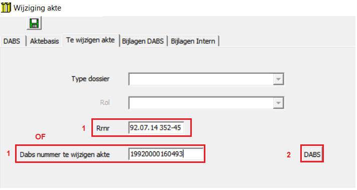 * Geef het Rijksregisternummer in van de persoon die in de desbetreffende akte voorkomt en klik op de knop <DABS>.