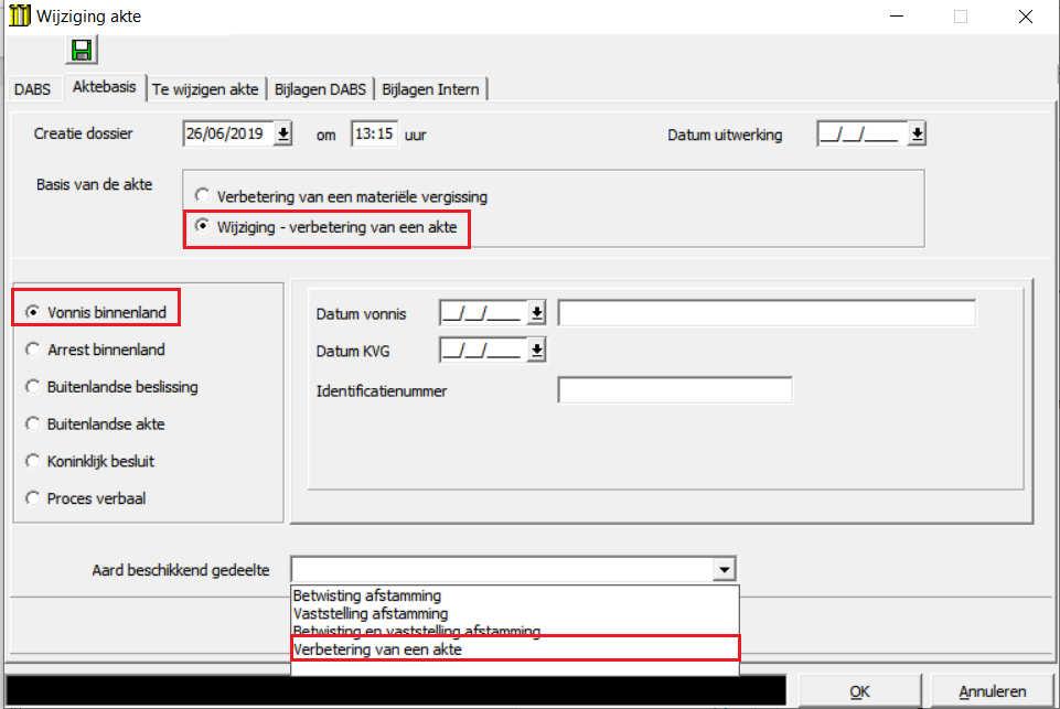 Duid aan de linkerkant het tweede onderdeel aan van de aktebasis. De keuze Vonnis binnenland staat standaard aangeduid.