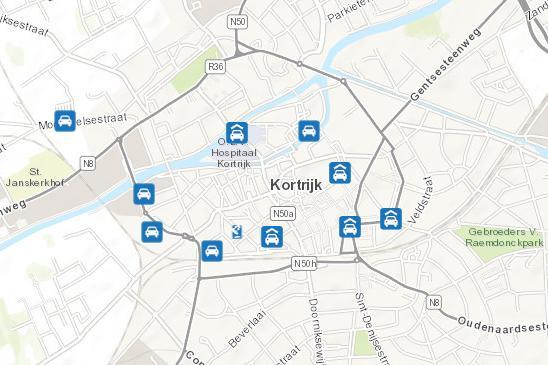 Sint-Sebastiaanslaan Monseigneur de Haernelaan Karmelietenlaan Hoveniersstraat Beverlaai Pater Beckstraat Burgemeester Pyckestraat Qua parkeertarieven geldt voor alle parkings hetzelfde tarief aan 75