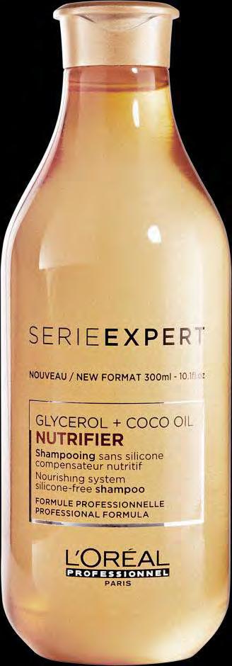 NUTRIFIER Droog haar door chemische bewerkingen of van nature uit Technologie: Glycerol: Hydraterend Coco Oil: Voorkomt het breken en splitsen, zorgt voor glans en zachtheid, voedt zonder overdaad