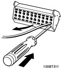 Aanwijzingen voor het installeren NB!: Om de kabel van de klem te verwijderen: 1. Steek een schroevendraaier in het vierkante gat. 2. Trek de kabel los.