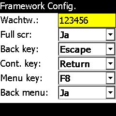7.3 Framework configuratie algemeen 1 Scherm 49 Invoer Actie ESC Verplaats focus naar vorig veld. Indien ESC op veld "Wachtw": Terug naar 7.