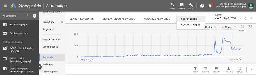 07 HET SEARCH TERMS REPORT Zo leuk als een lijst met keywords hebben, zo cruciaal is het om die lijst met termen regelmatig up-to-date te brengen door het Search Terms report te raadplegen.