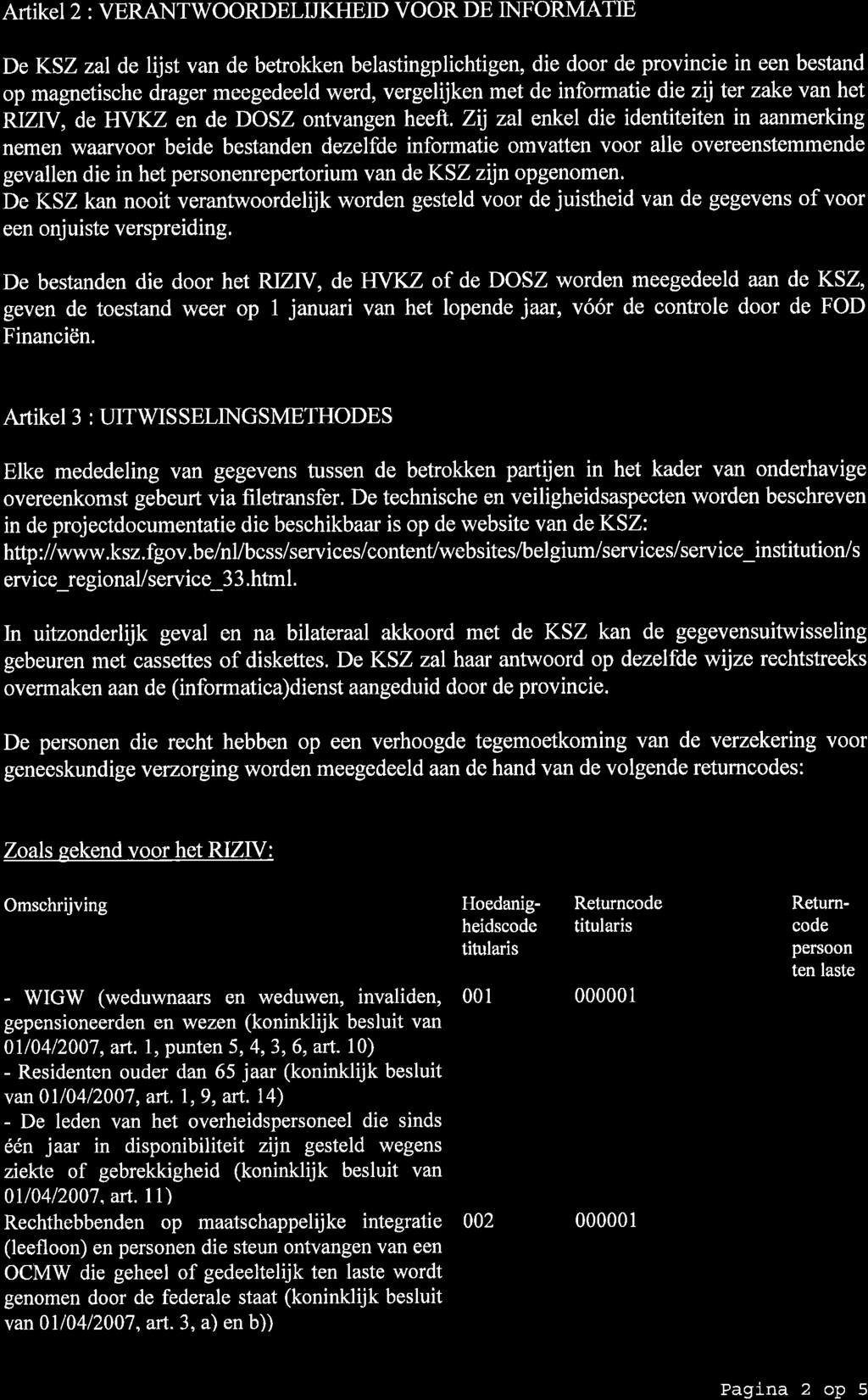 Artikel 2 : VERANTWOORDELUKHEID VOOR DE INFORMATIE De KSZ zal de lijst van de betrokken belastingplichtigen, die door de provincie in een bestand op magnetische drager meegedeeld werd, vergelijken