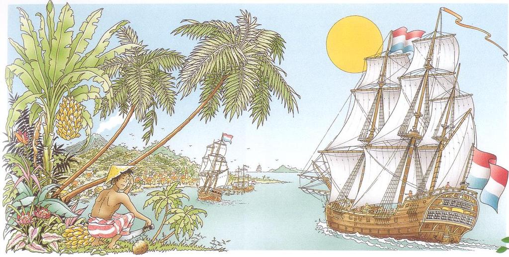 Lees het verhaal over de VOC. Zie jij die vlag op de boot? Het is de Nederlandse vlag. Zie jij de palmbomen? En de man met de hoed? Dit is Indië.