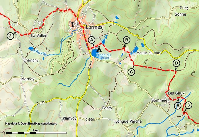 Le Chemin [1] - Lormes - Brassy (23 km) Markering tot de kerk van Anthien: Pelgrimsweg van Vézelay = geel-blauw. Let op: er is ook een lokale, geel-blauw gemarkeerde route.