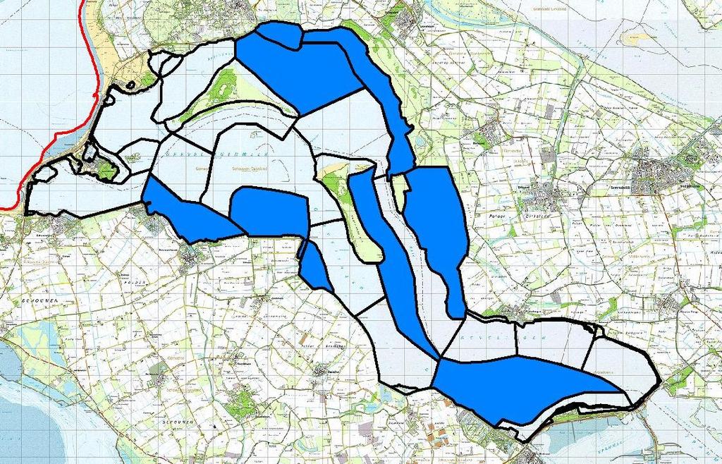 Figuur 1. De telgebieden in de Grevelingen. Blauw gemarkeerd zijn de telgebieden waar nog maandelijks watervogels in opdracht van Rijkswaterstaat geteld worden.