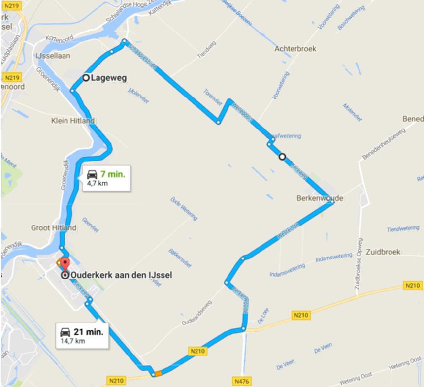 Figuur 10 Omleiding via Schaapjeszijde - Kerkweg-Westeinde Oudelandsweg. Deze route Schaapjeszijde - Kerkweg-Westeinde Oudelandsweg blijft wat betreft de extra reistijd met 14 minuten (21 min.