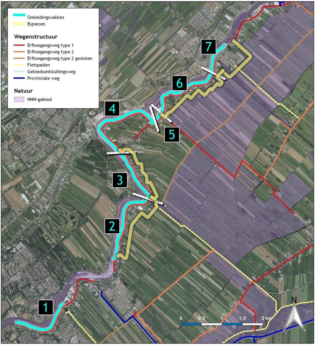 Figuur 12 Indicatie van locaties bypasses parallel aan de dijk De bypass parallel aan de werkzaamheden/dijk betreft een nieuw aan te leggen tijdelijke weg, waardoor er vrijheid is in vormgeving.