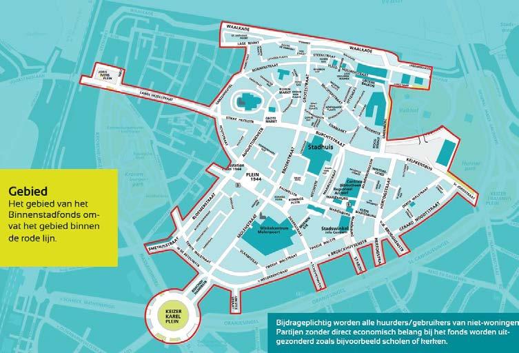 Het deel van de binnenstad waar de heffing is voorzien is weergegeven op onderstaande plattegrond.