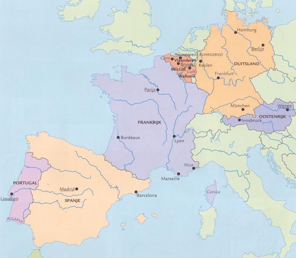 1.3 Onder de loep: Noord-Oost-Zuid-West Kijk goed naar de kaart Noord West Oost Zuid Zet een pijl op de kaart bij Nederland Schrijf: Noord / Oost / Zuid / West Spanje ligt van Frankrijk