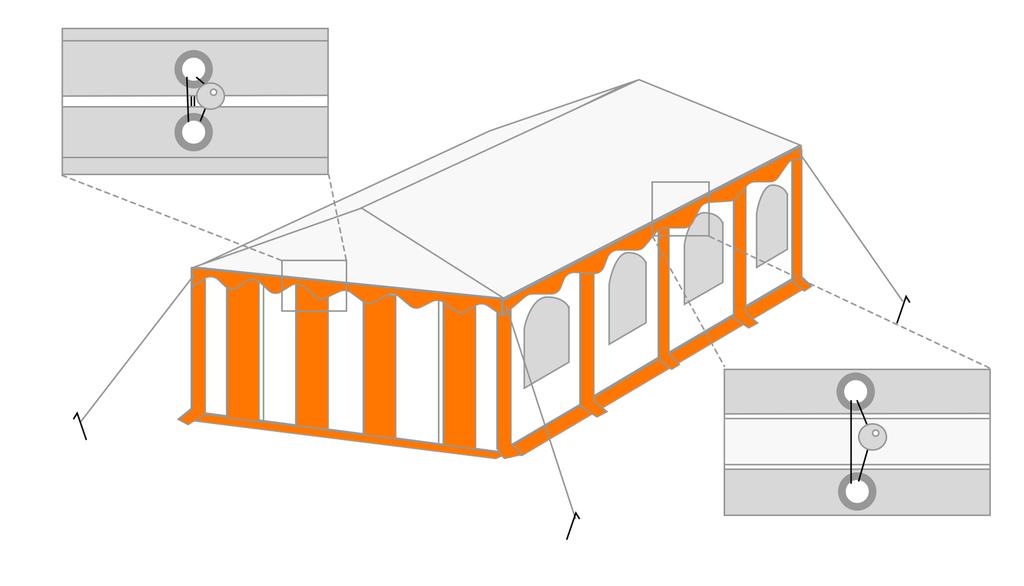 Stap 4: Hang nu alle zijwanden met raam (15) in de tent en zet deze vast met de lange elastieken (9), Zowel het dakzeil als de zijwanden dienen met 1 elastiek te worden vastgezet door de oogringen.
