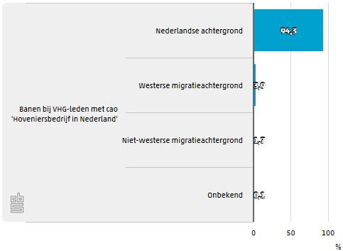 4.4.8 Herkomstgroepering Met 94 procent heeft de ruime meerderheid van de werknemers van VHG-leden een Nederlandse achtergrond. Zie tabel 4.4.8 in de bijlage voor de herkomstgroepering per vakgroep.