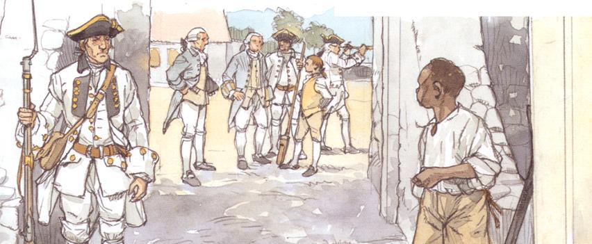 Lees het verhaal over master Roelof en slaaf Tomboy (deel 2). Dit is het fort van Sint Eustatia? Zie je Roelof en zijn vader?