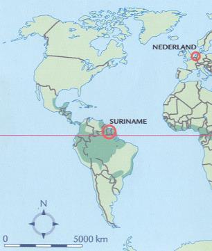 Lees het verhaal over Suriname in het jaar 1667. Zie jij Nederland? Zie jij Suriname? Schrijf Suriname en Nederland in de vakjes. Vroeger was Nederland de baas in Suriname.