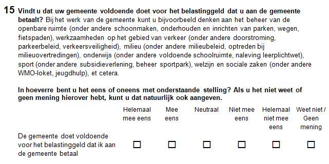 3.7 De burger als belastingbetaler Burger als belastingbetaler Prestatie Indicator 1 Er is sprake van een goede Stelling: ik krijg voldoende terug voor mijn belastinggeld verhouding tussen de hoogte