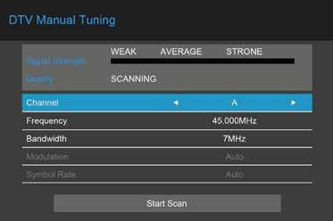 Menu zenderinstellingen ATV Manual Tuning (handmatig analoge zenders zoeken) Druk op om ATV MANUAL TUNING te openen en druk op ENTER om het scannen