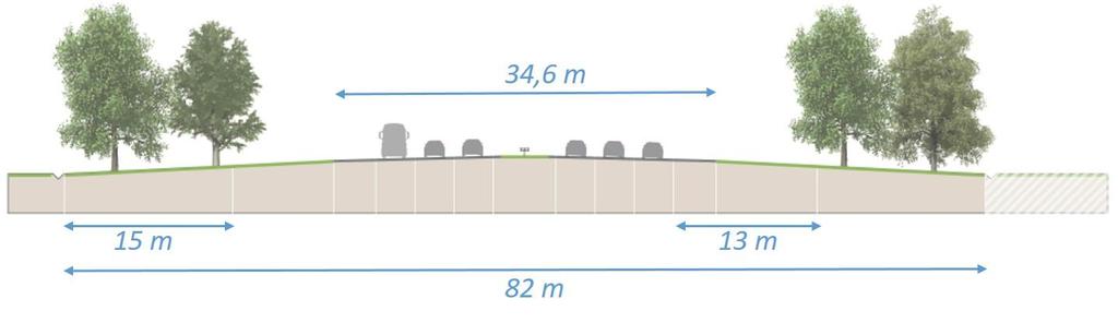 Figuur 2-5 Schematische weergave basisdwarsprofiel A2 Het basisdwarsprofiel heeft een breedte van ruim 82 meter. Over vrijwel het gehele traject is dit realiseerbaar behalve op enkele locaties.