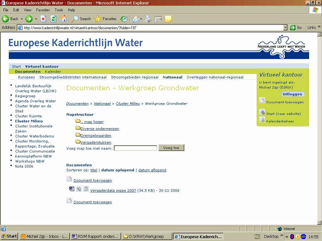 Figuur 3.1. Screendump van de werkgroep grondwater map op het Virtueel Kantoor (http://www.kaderrichtlijnwater.nl/virtueel-kantoor/documenten/?