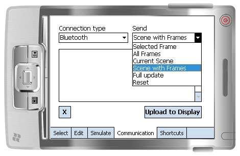 2.3.4 Tab Communication Onder de tab Communication kunnen tekstbeelden en samengestelde scenes aan de display verzonden worden. 2.3.4.1 Connection type Met Codit mobile kan op diverse manieren verbinding gemaakt worden met de display, t.