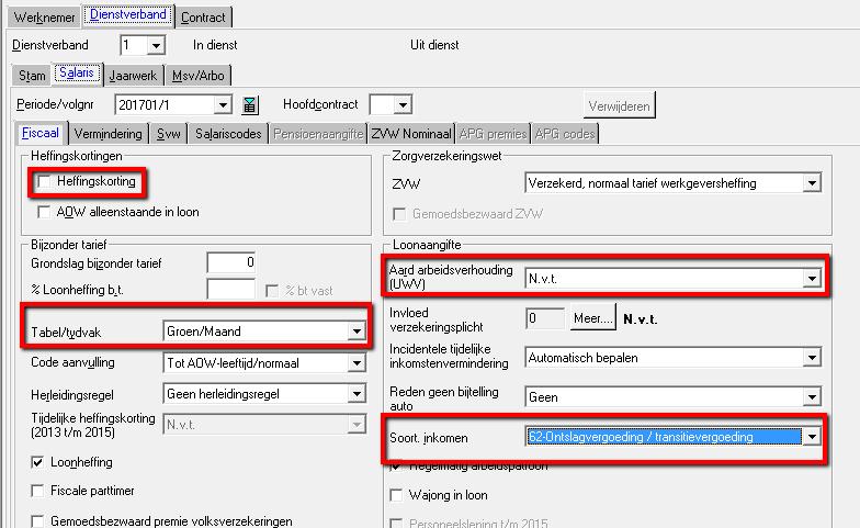 Op het tabblad Dienstverband - Salaris - Fiscaal wijkt de inrichting af ten behoeve van de transitievergoeding.