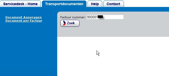 2.2 Downloaden van alle documenten op factuurnummer Gebruik hiervoor de link Documenten per factuur Geef het factuur nummer in van de factuur waarvoor U documenten op wilt halen en klik op Zoek In