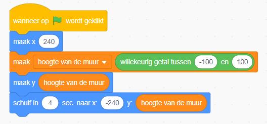 Als je naar de code kijkt zie je dat de muur in 4 seconden verschuift van zijn beginpositie naar het punt (-240,0) en dat is precies in het midden van de linker kant.