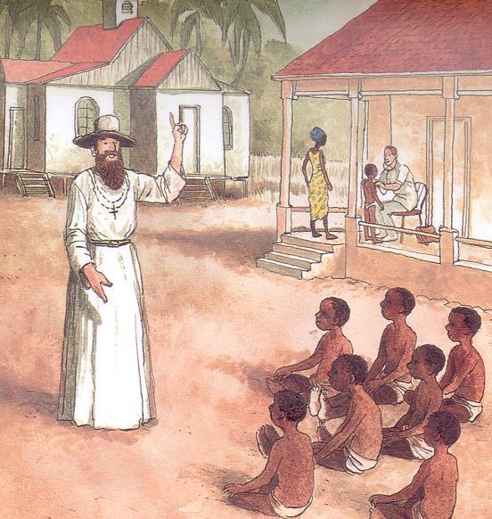 Lees het verhaal over de zendeling. 2 1 Zie je de blanke man met de baard? Dat is een zendeling. Hij draagt een kruisje om zijn nek.