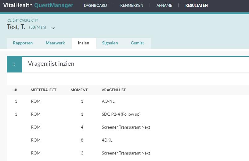 In de tab Vragenlijsten zie je de vragenlijsten die voor de patiënt zijn klaargezet met daarachter de status van de vragenlijst. Je opent een vragenlijst door er dubbel op te klikken.