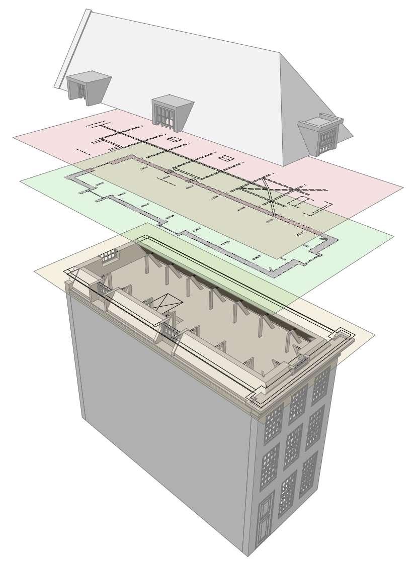Figuur 3: projectievlak aangebracht: lichtgeel vlak voor bouwdeelaanzicht, lichtgroen voor bouwdeeldoorsnijding,