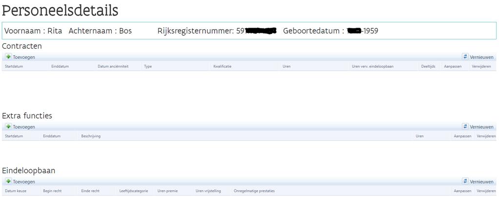 Als u een nieuwe werknemer heeft ingebracht, klikt u het icoontje in de kolom Details aan. U krijgt dan volgend scherm: Wij overlopen nu de 3 delen Contracten, Extra functies en Eindeloopbaan. A.