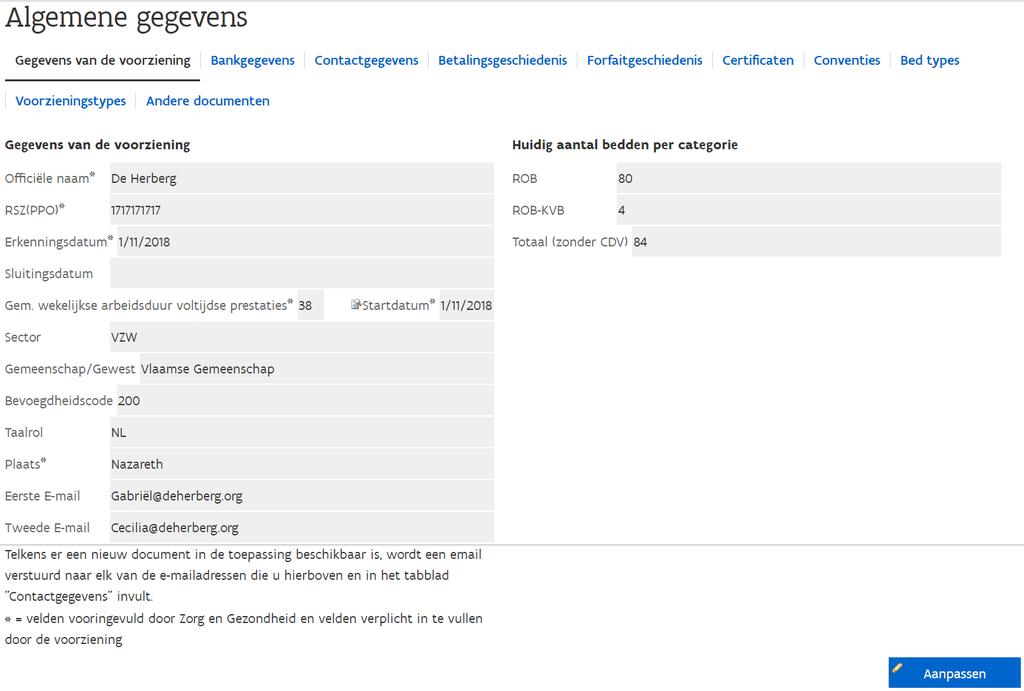 Het tabblad Gegevens van de voorziening De officiële naam van uw voorziening, de erkenningsdatum, in voorkomend geval de sluitingsdatum, de sector, de Gemeenschap/Gewest, de bevoegdheidscode, de