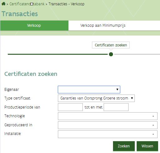 Als u bij het invoeren van een transactie certificaten gaat selecteren, kan u via een uitklaplijst kiezen van welke partij u certificaten wil gaan verhandelen: Bij het zoeken in de transacties, kan u