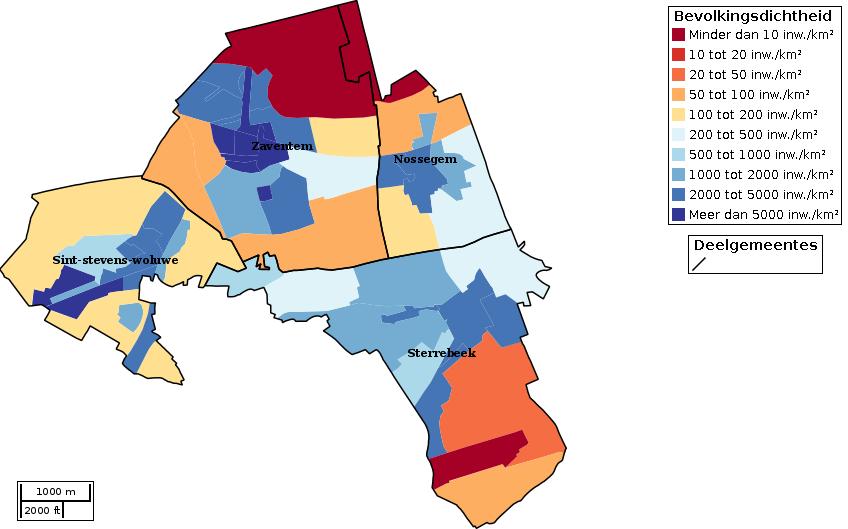 Kaartvisualisatie inwoners per statistische sector (wijk) voor Bron: FOD