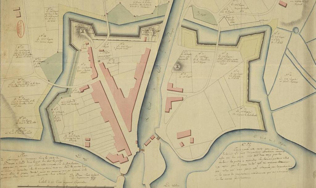 Op deze oude kaart duid ik de huidige straatnamen aan want mijn doel is het verleden met het heden aan te tonen De kaart is van 1770 dus na het graven van de Coupure In 1821 of 22 werden hier een